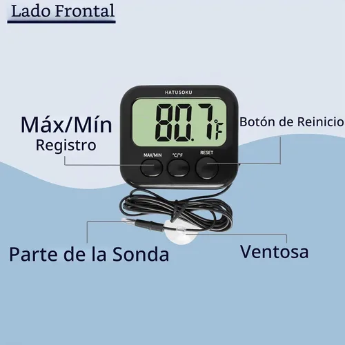 Vista 5 de Termómetro digital HATUSOKU con sensor externo, imán, ventosa, termómetro de agua, para acuario, refrigerador, congelador (negro)