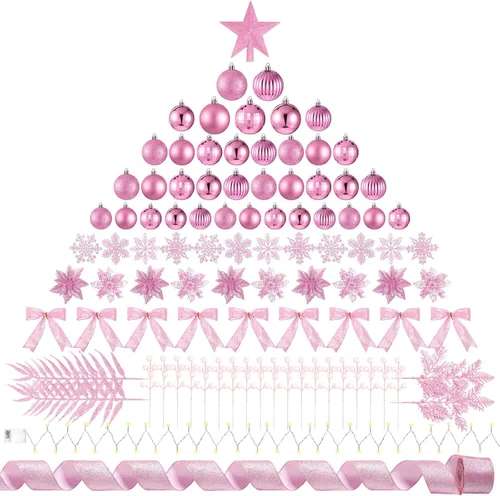 Vista 11 de Poen Juego de 108 adornos para árbol de Navidad, incluye bolas para árbol navideño, flor de pascua con purpurina, lazos, bayas, tallos, hojas, copos