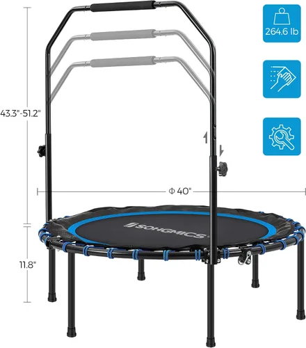 Vista 6 de SONGMICS Mini trampolín de fitness de 40 pulgadas, rebote de fitness con pasamanos ajustable, trampolín plegable para entrenamiento en casa, carga