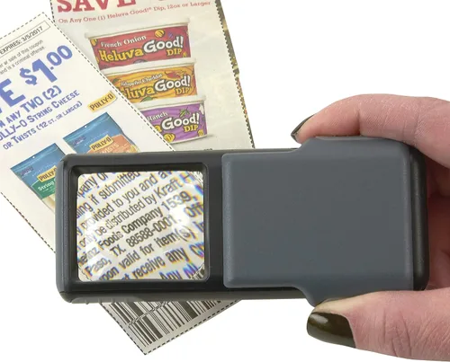 Vista 9 de Carson Lupa Asférica Deslizante MiniBrite con Luz LED 5x con Funda Protectora - Juego de 4 (PO-55MU), Gris Lupa de mano con lente asférica