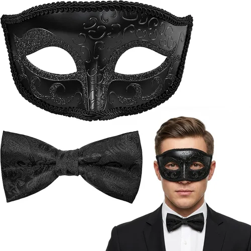 Vista 9 de Máscara de mascarada para hombre con corbatín, disfraz de fiesta de graduación de Mardi Gras de Halloween