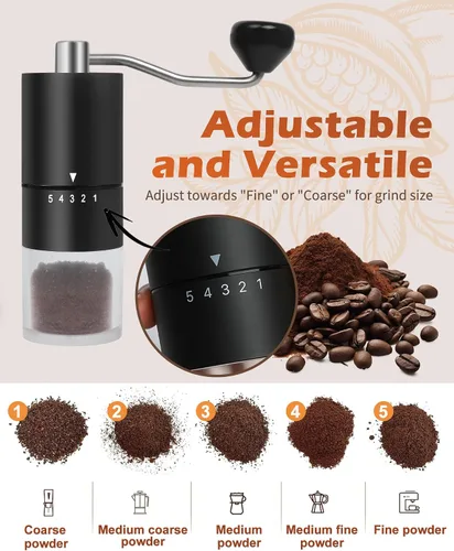 Vista 2 de Molinillo de café manual con muela de cerámica para espresso, prensa francesa, 5 ajustes ajustables, molinillo manual con muela incorporada