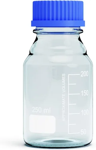 Vista 6 de Botellas de vidrio de borosilicato - 2 botellas redondas de almacenamiento de medios - 8.5 fl oz con tapa de rosca azul GL45