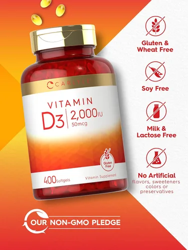 Vista 4 de Carlyle Vitamina D3 2000IU cápsulas blandas 400 unidades Fórmula sin OMG, sin gluten 50 mcg Suplemento de vitamina D