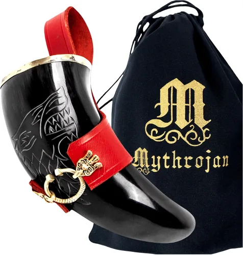 Vista 24 de Mythrojan Cuerno vikingo para beber 100% natural, auténtico, decoración de latón, cuerno nórdico con funda de cuero negro, bolsa de lona para vino