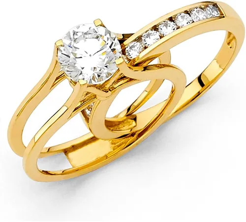 Vista 4 de TWJC 14k Yellow OR White Gold Solid Engagement Ring & Wedding Band Set