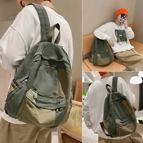 Vista 2 de Lefe Liee Mochila de lona estética vintage para mujeres y hombres, mochila pequeña verde hippie boho, mochila ligera de cáñamo, mochila casual verde