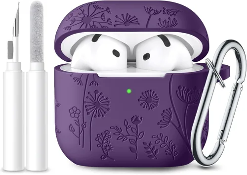 Vista 22 de Lerobo Funda para AirPods 5/4, funda de silicona suave grabada con flores A-Negro