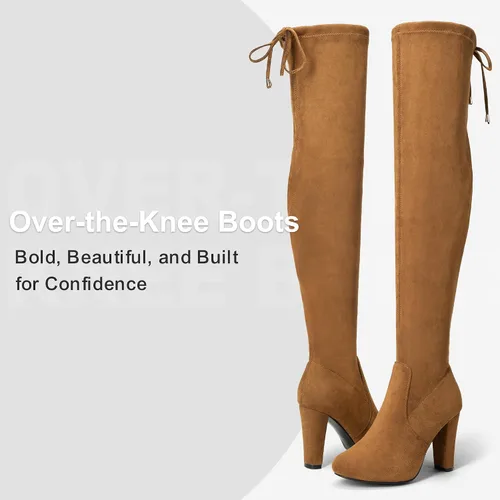 Vista 3 de Vepose Botas altas sobre la rodilla para mujer, botas de tacón largo de gamuza de 3.5 pulgadas con cremallera