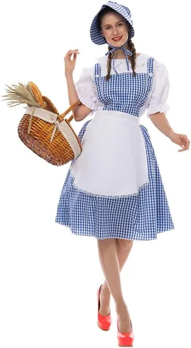 Vista 8 de FantastCostumes Disfraz clásico de Dorothy para mujer, disfraz de Halloween para cosplay, cuento de hadas de Kansas Girl, vestido a cuadros azul