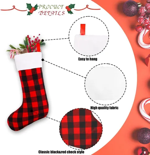 Vista 3 de YUJUN Paquete de 6 medias de Navidad de 22 pulgadas, medias grandes de Navidad a cuadros de búfalo negro y rojo, decoraciones colgantes para árbol