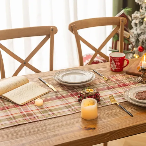 Vista 4 de Camino de mesa de Navidad a cuadros beige, caminos de mesa de vacaciones de invierno de 72 pulgadas de largo, decoraciones de Navidad