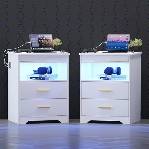 Vista 9 de 2 Set LED Nightstand with Charger Station & Gun Drawer & Auto Sensor, Black Negro juego de 2