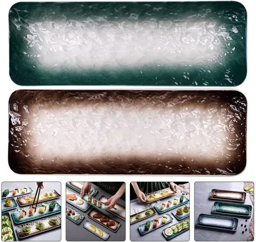 Vista 6 de CALLARON Plato de sushi de cerámica, 2 platos de porcelana para servir platos, bandeja rectangular de postres, bandeja de exhibición de postres