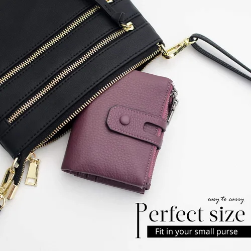 Vista 4 de Bveyzi - Billetera pequeña de cuero suave para mujer con bloqueo RFID, tarjetero para damas con doble bolsillo con cremallera