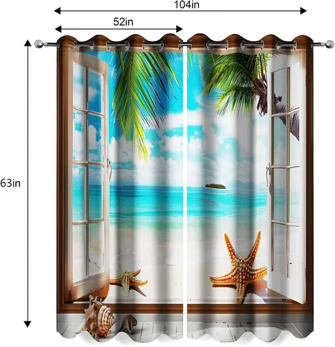 Vista 3 de Cortinas Opacas de Playa Oceánica con Palmeras Costeras, Conchas y Estrellas de Mar, Decoración de Costa, Cielo Azul Soleado de Verano, Cortinas