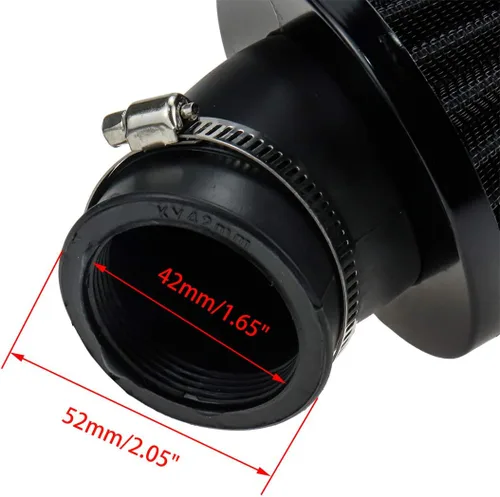 Vista 2 de Filtro de aire universal para motocicleta Sydien, piezas modificadas reemplazables para aumentar el flujo de aire en el motor, 42RAD con abrazadera