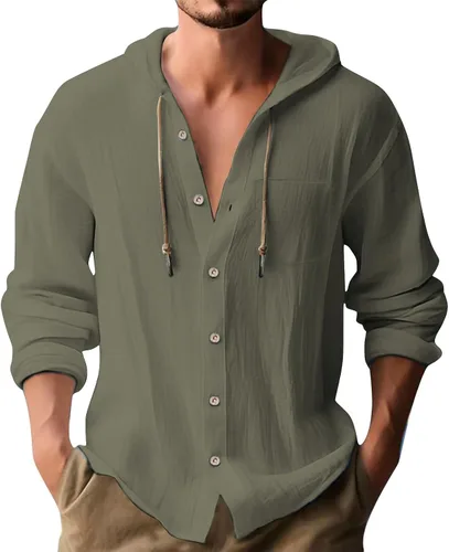Vista 11 de Camisas de lino para hombre, casual, con botones, de verano, algodón, lino, con capucha, para playa, manga larga, con capucha