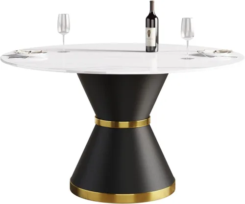 Vista 5 de Mesa de comedor moderna de 53 pulgadas, mesa de comedor de piedra sinterizada con base de acero al carbono negro, mesa de comedor redonda de 53