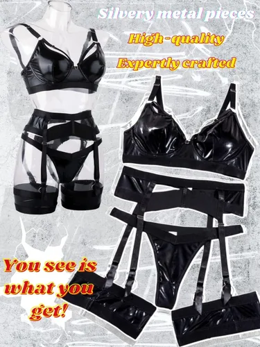 Vista 107 de Kaei&Shi - Lencería con liguero para mujer, conjunto de encaje traslúcido y sexy de 4 piezas combinadas