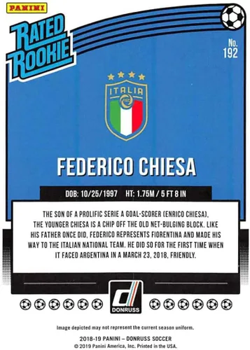 Vista 2 de 2018-19 Panini Donruss #192 Federico Chiesa Italy Rated Rookie Official Soccer/Futbol Card in Raw (NM or Better) Condition