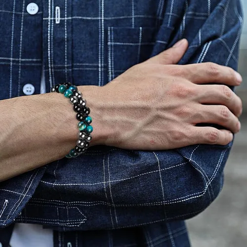 Vista 7 de MIDON - Pulsera de ojo de tigre, pulsera de triple protección para hombres y mujeres, hecha a mano, cuentas de ojo de tigre, hematita y obsidiana