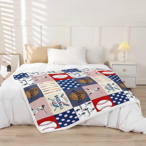 Vista 2 de Manfei Manta a cuadros con temática deportiva de béisbol para niños, adolescentes, decoración de habitación, guantes de bate de béisbol, manta