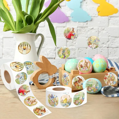 Vista 4 de 1000 rollos de calcomanías vintage de estilo victoriano de conejo de Pascua, 12 diseños retro lindos Buuny Peeps, calcomanías autoadhesivas