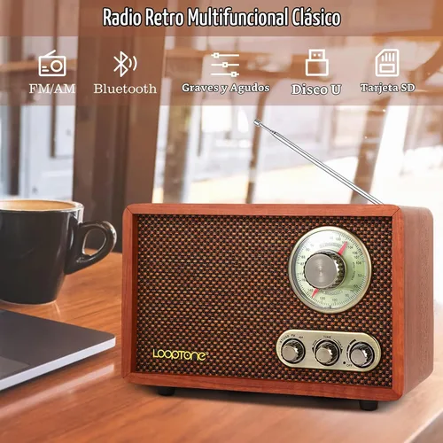 Vista 3 de LoopTone Radio vintage AM FM multifunción USB SD con altavoz Bluetooth, radio de mesa de madera retro para cocina, sala de estar con perilla