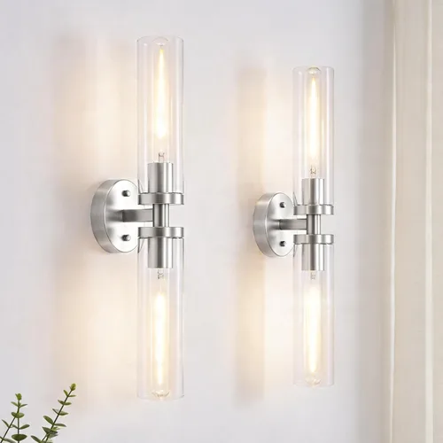 Vista 28 de Juego de 2 apliques de pared, lámparas de baño cableadas, iluminación de pared moderna para tocador de baño con pantalla de vidrio transparente