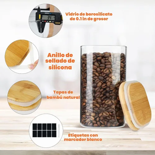 Vista 4 de Recipientes de almacenamiento de vidrio con tapas herméticas de bambú, juego de 5, tarros de vidrio de despensa con tapa, perfectos