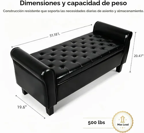 Vista 2 de 51 Inch Black Faux Leather Storage Ottoman Bench with Rolled Armrests Leather-black-51 Inch
