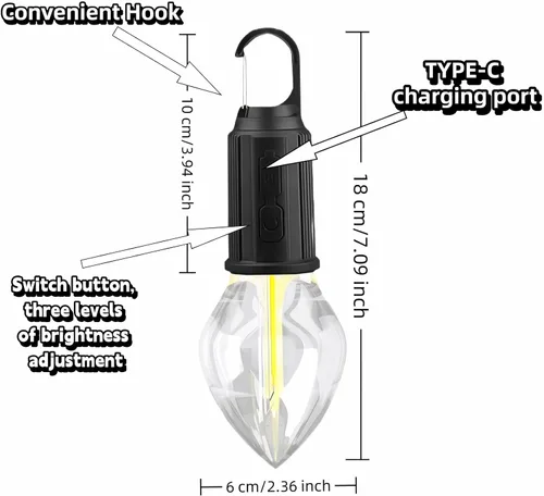 Vista 3 de Linterna LED portátil para campamento, gancho para colgar en cualquier lugar, recargable USB-C, 3 modos de brillo, resistente al agua