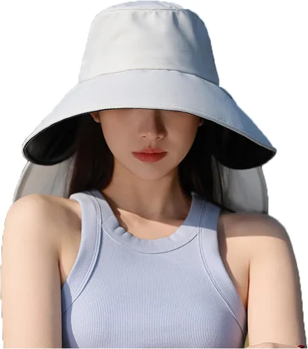 Vista 3 de Sombrero de sol de ala súper ancha para mujer, UPF50+, para pesca, senderismo, camping, protección solar UV, plegable, con solapa para el cuello