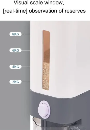 Vista 6 de J-hong Dispensador de arroz de 25 libras, contenedor de grano grande con tapa, cilindro de medición a prueba de humedad, dispensador de cereales