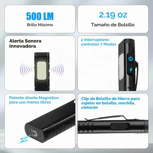 Vista 2 de Linterna EDC plana recargable, linternas magnéticas con alerta de pitido Negro