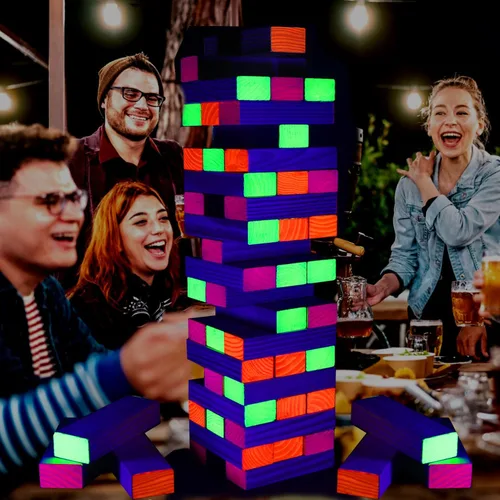 Vista 7 de Ahuimeius Juego de 54 piezas de torre gigante para exteriores, juego de torre que brilla en la luz negra, juego de mesa al aire libre para adultos
