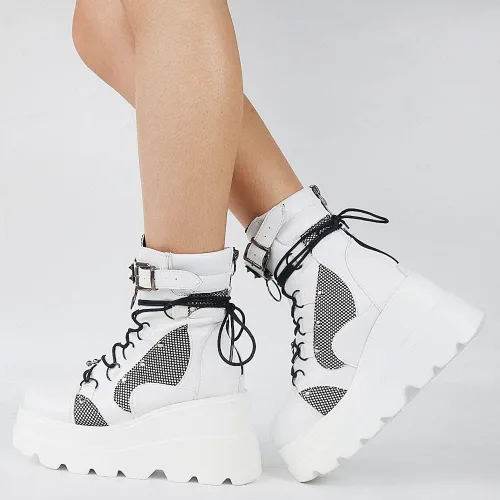 Vista 6 de Tscoyuki Botines de plataforma para mujer botines de tacón alto gruesos botas de combate góticas botas de combate para mujer con cordones cuñas