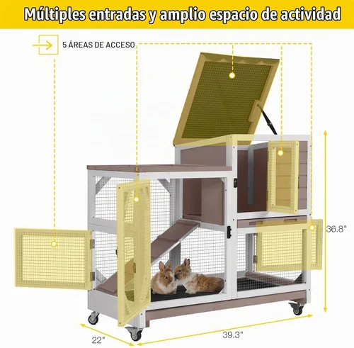 Vista 2 de Aivituvin Jaula de conejo para interiores con ruedas al aire libre de 2 pisos de madera de conejillo de indias con 2 bandejas extraíbles más
