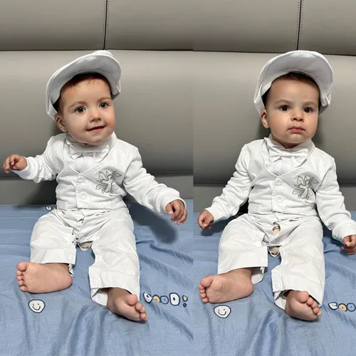 Vista 7 de MOMMY'S NEW MAN Traje de bautismo para recién nacido, mono de caballero con pajarita, mameluco blanco, traje de boda, traje de bautizo