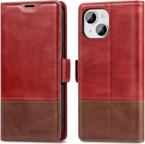 Vista 14 de KEZiHOME Funda para iPhone 15, de piel auténtica, bloqueo RFID, carcasa interior de TPU, cierre magnético, ranura para tarjetas, a prueba de golpes