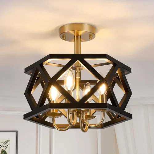 Vista 10 de Lámpara de Techo Semiempotrada Negra, Accesorio de Iluminación Moderno para Vestíbulo, Lámpara de Techo de Metal de 4 Luces, Pequeña Lámpara