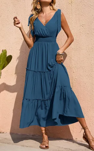 Vista 2 de Prettygarden Vestido largo de verano, con cuello cruzado, para mujer, sin mangas, escalonado, con tirantes fruncidos, para la playa, vestido largo
