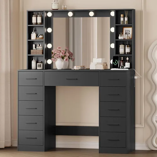 Vista 23 de Escritorio de maquillaje con espejo y luces, tocador negro de 43 pulgadas con parte superior de cristal, almacenamiento de joyas, 3 cajones