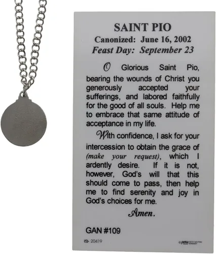 Vista 2 de Saint Padre Pio - Colgante de medalla de peltre de 34 pulgadas con tarjeta de oración