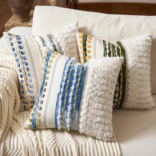 Vista 5 de Aeckself Fundas de almohada bohemias de chenilla con borlas tuftadas de 18x18 pulgadas, juego de 2, fundas decorativas rústicas a rayas cuadradas