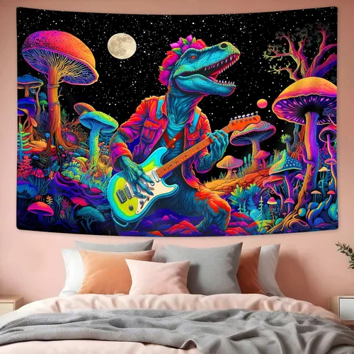 Vista 4 de SAOLUIS Tapiz de luz negra de dinosaurio, divertidos tapices de hongos de dinosaurio de neón reactivo a los rayos UV para colgar en la pared, tapiz