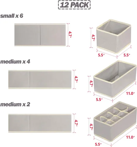 Vista 2 de Juego de 12 cajones plegables divisores de tela, caja de almacenamiento de armario, cómoda, cubo, contenedores de tela para ropa interior, Gris