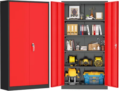 Vista 11 de Greenvelly Armario de almacenamiento de metal de 72 pulgadas de alto con 2 puertas y 4 estantes ajustables, gabinete de metal negro con cerradura