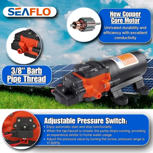 Vista 3 de SEAFLO Bomba de diafragma de presión de agua serie 21 – 12 V CC, 1.2 GPM, 35 PSI, interruptor de presión ajustable, autocebante, funcionamiento